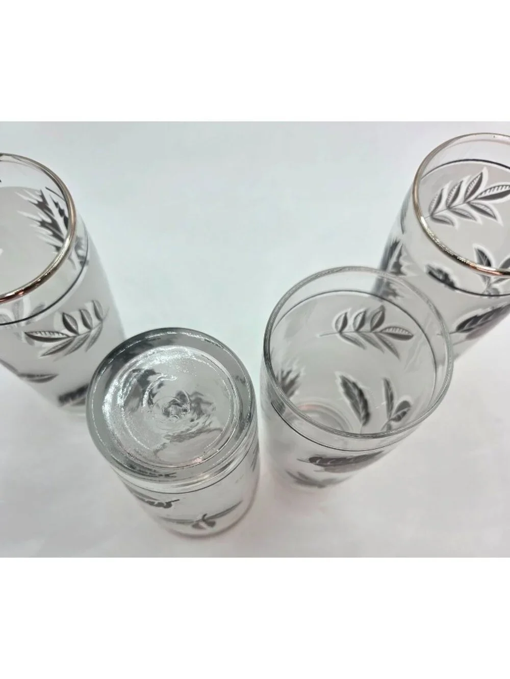 Vtg Silver Leaf Foliage Highball Glasses Metallic Rim 4" Tall Set of 4 MCM - Picture 4 of 6